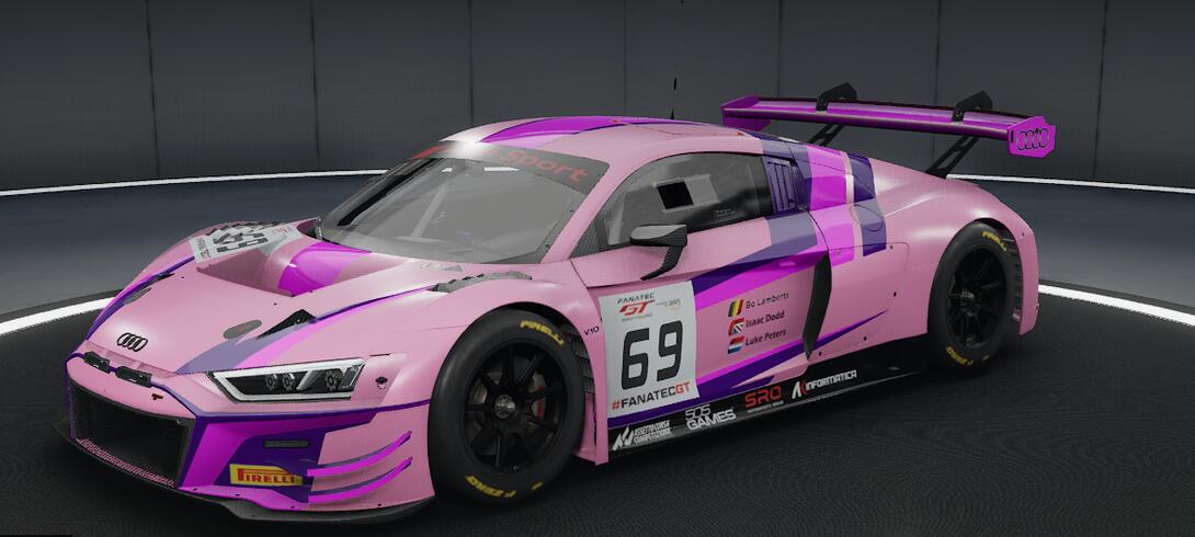 Light pink base, with magenta and purple lines, car number 69 and the names of 3 of our drivers