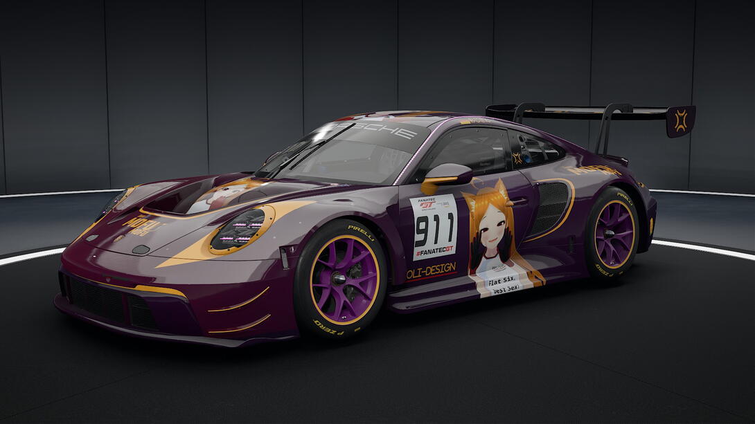 vaporwave purple and orange Porsche 911 with a smug anime girl