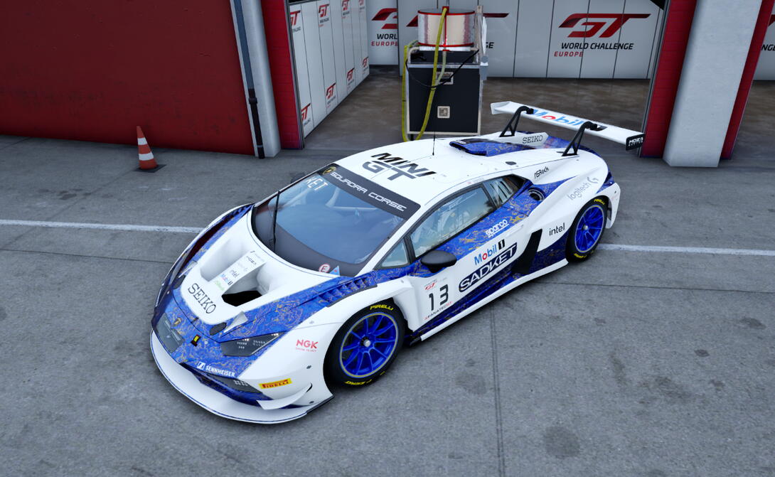 3/4 screenshot of a white lamborghini huracan GT3 evo 2. It has blue wheels, sponsors and a marble-like metallic blue and gold decal