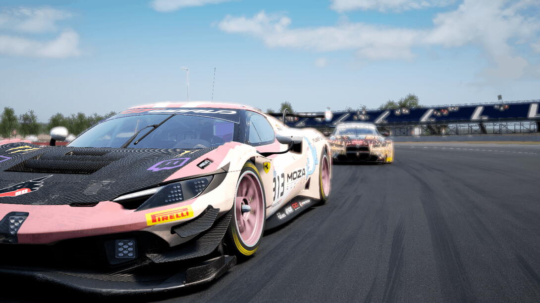 A screenshot of Fairweather's Ferrari Two Nine Six GT3 after overtaking a BMW M4 GT3
