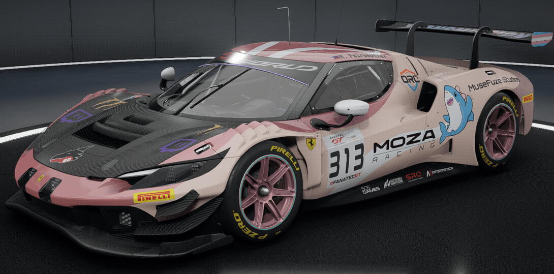 An image of Fairweather's Ferrari within the showroom of the racing simulator Assetto Corsa Competizione