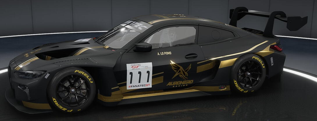 Alessandro Lo Pomo’s black and gold Auronero Racing BMW M4 GT3, number 111, in Assetto Corsa Competizione.