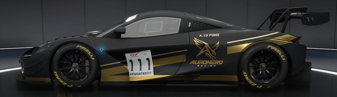 Side view of Alessandro Lo Pomo’s black and gold Auronero Racing McLaren 720S GT3 Evo, number 111, in Assetto Corsa Competizione.