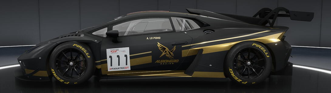 Side view of Alessandro Lo Pomo’s black and gold Auronero Racing Lamborghini Huracan GT3 EVO2, number 111, in Assetto Corsa Competizione.