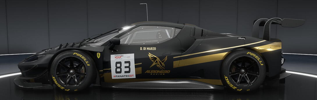 Side view of Daniele Di Marzo’s black and gold Auronero Racing Ferrari 296 GT3, number 83, in Assetto Corsa Competizione.
