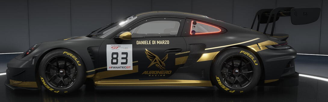 Side view of Daniele Di Marzo’s black and gold Auronero Racing Porsche 992 GT3 R, number 83, in Assetto Corsa Competizione.